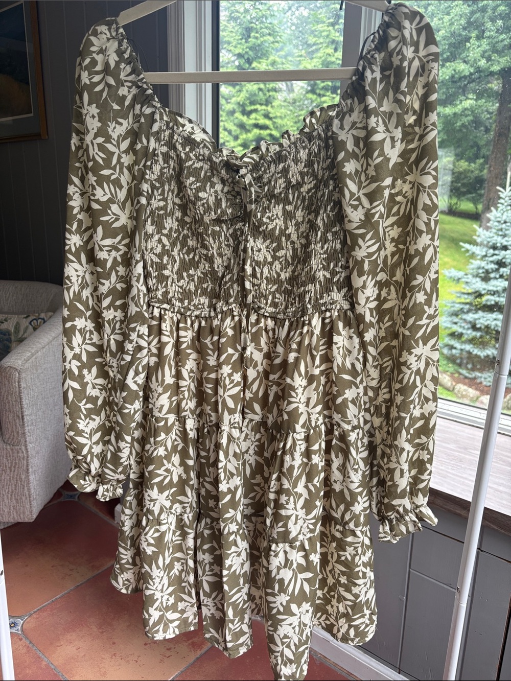 T.J.Maxx Olive Green and Cream Smocked Floral Dress